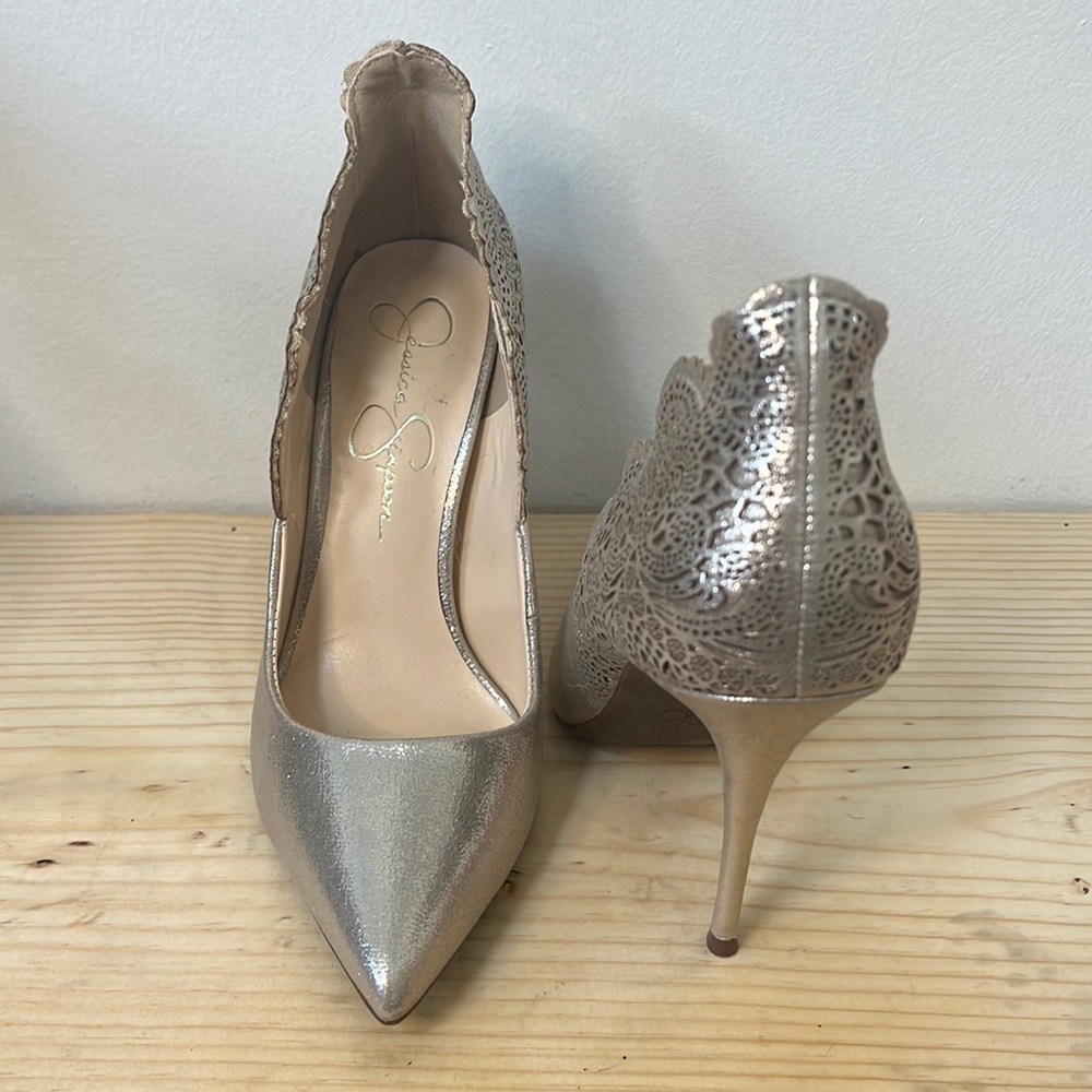 Jessica Simpson - Gold Heels with lace detail on heel.